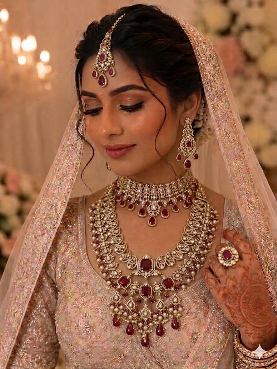 Bridal Kundan Polki Jewellery Set with Red Stone Long Necklace