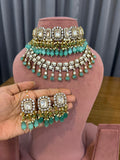 Mint Green Bridal Kundan Polki Choker Necklace Set with Earrings