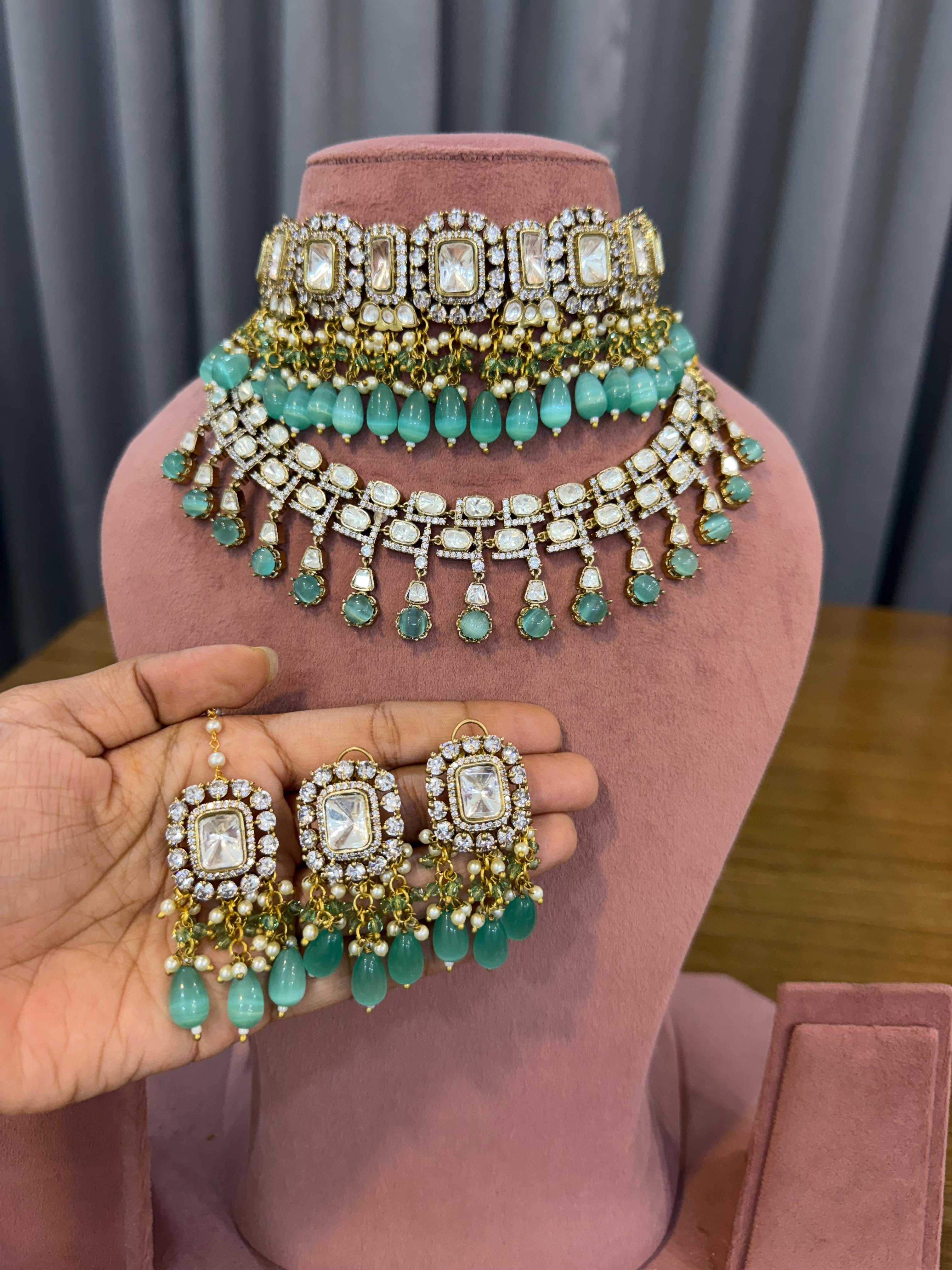 Mint Green Bridal Kundan Polki Choker Necklace Set with Earrings