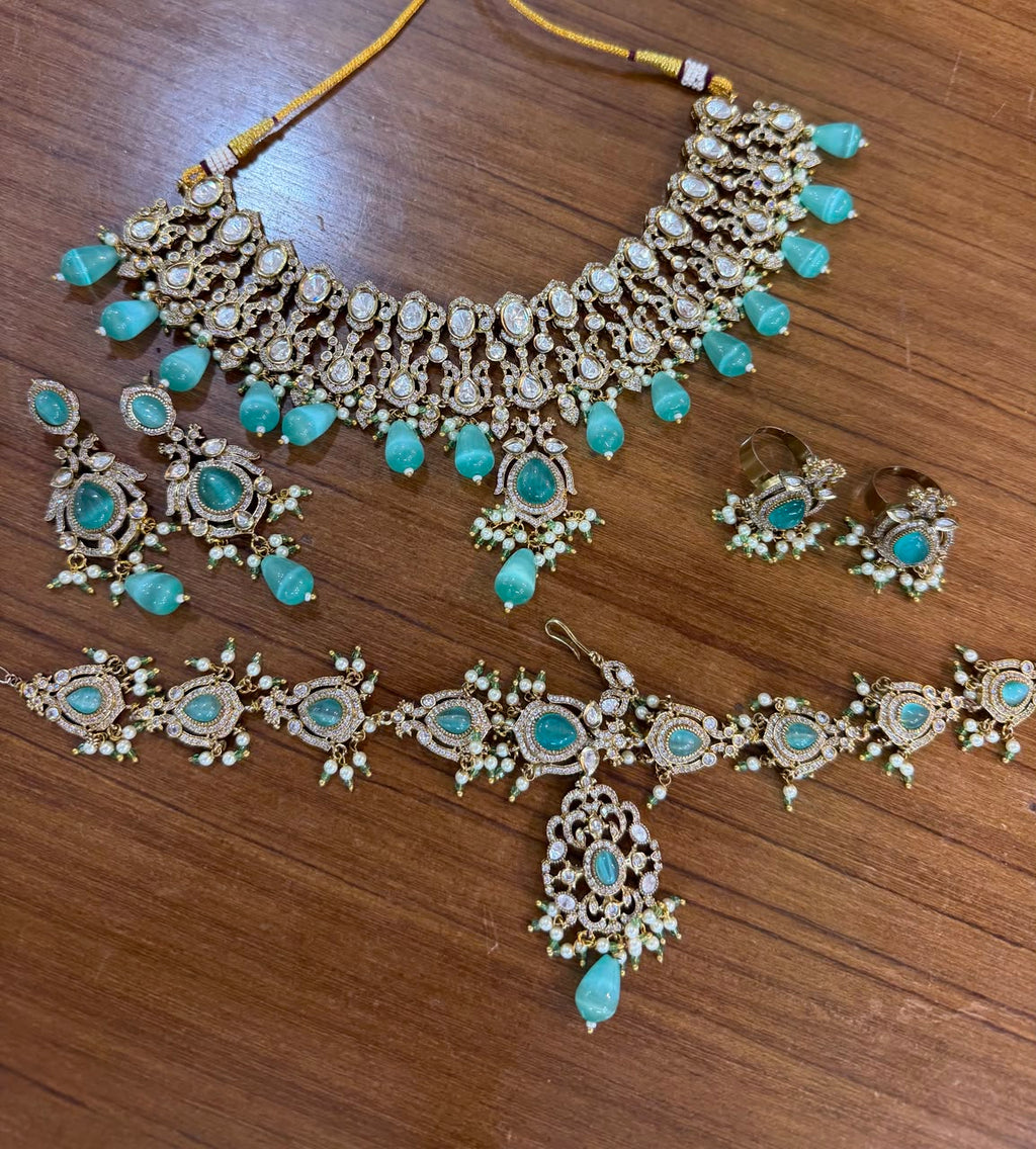 Mint Green Bridal Kundan Polki Jewellery Set with Choker and Long Necklace