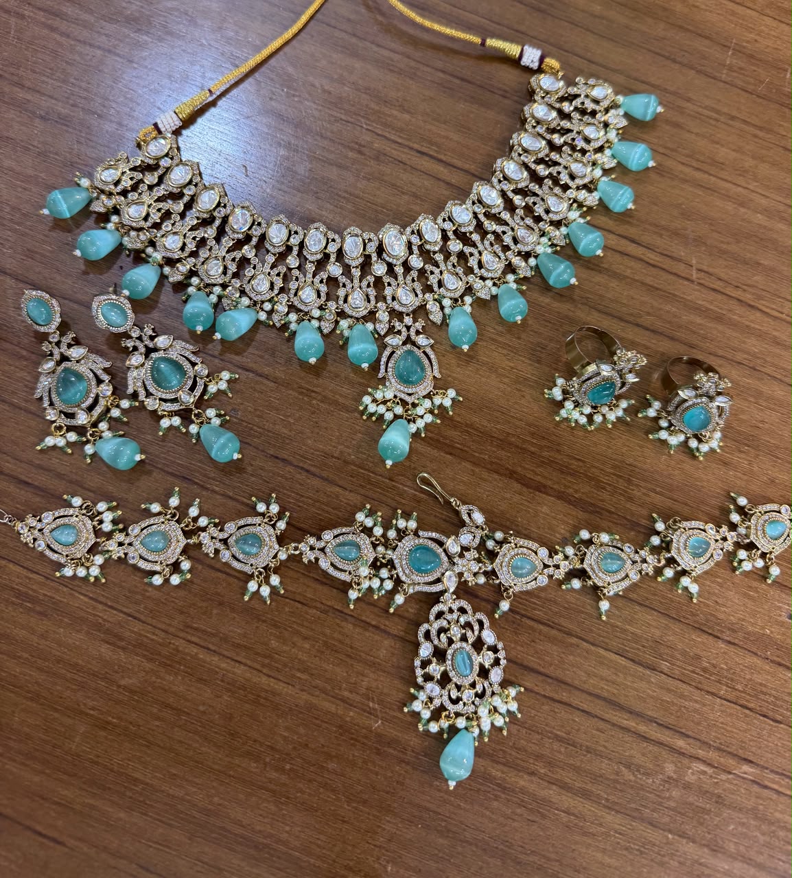 Mint Green Bridal Kundan Polki Jewellery Set with Choker and Long Necklace