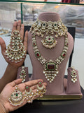 Luxury Bridal Kundan Polki Jewellery Set with Choker, Long Necklace, Chandbali Earrings and Maang Tikka in Ruby Green Pearl Design