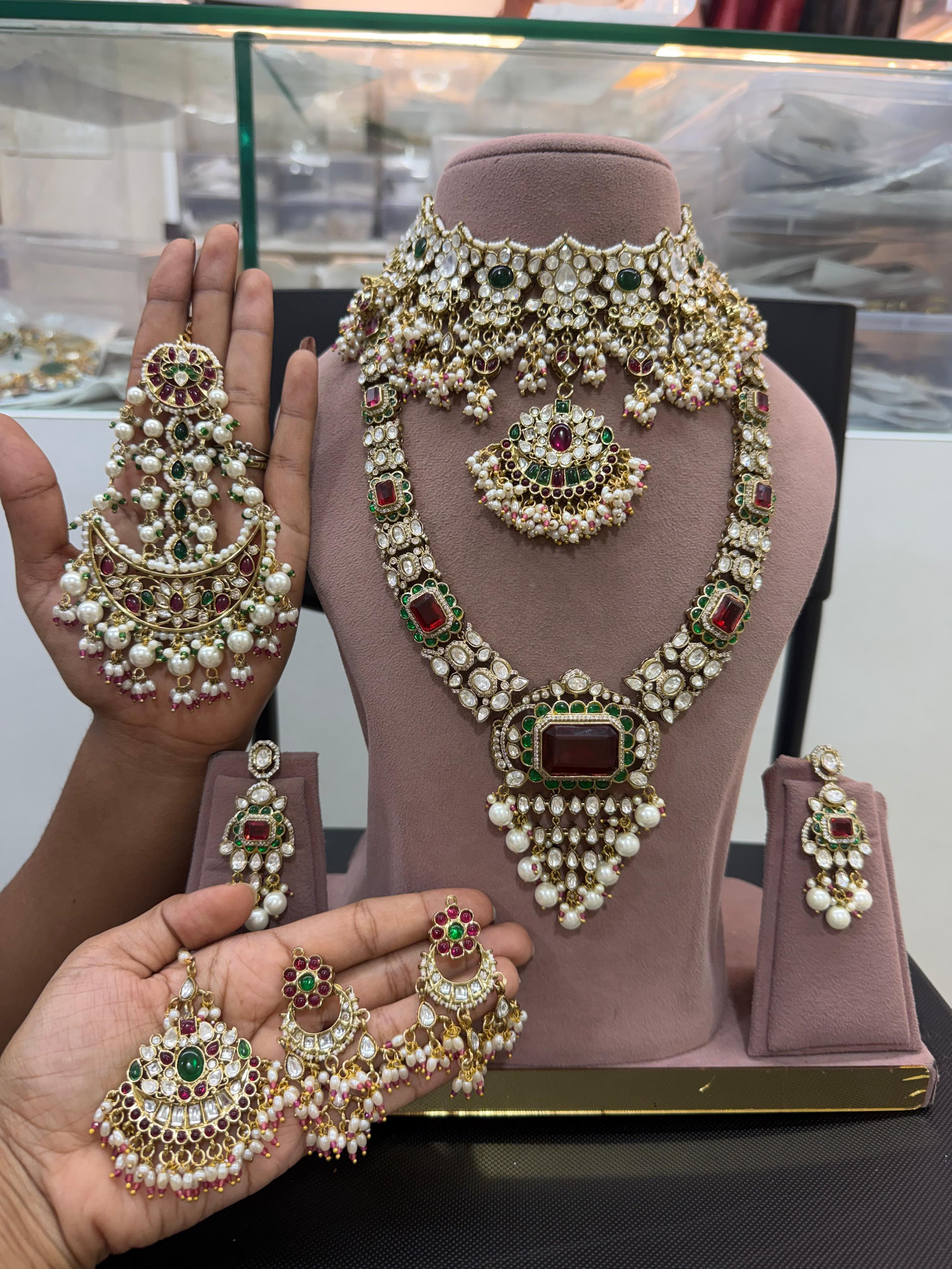 Luxury Bridal Kundan Polki Jewellery Set with Choker, Long Necklace, Chandbali Earrings and Maang Tikka in Ruby Green Pearl Design