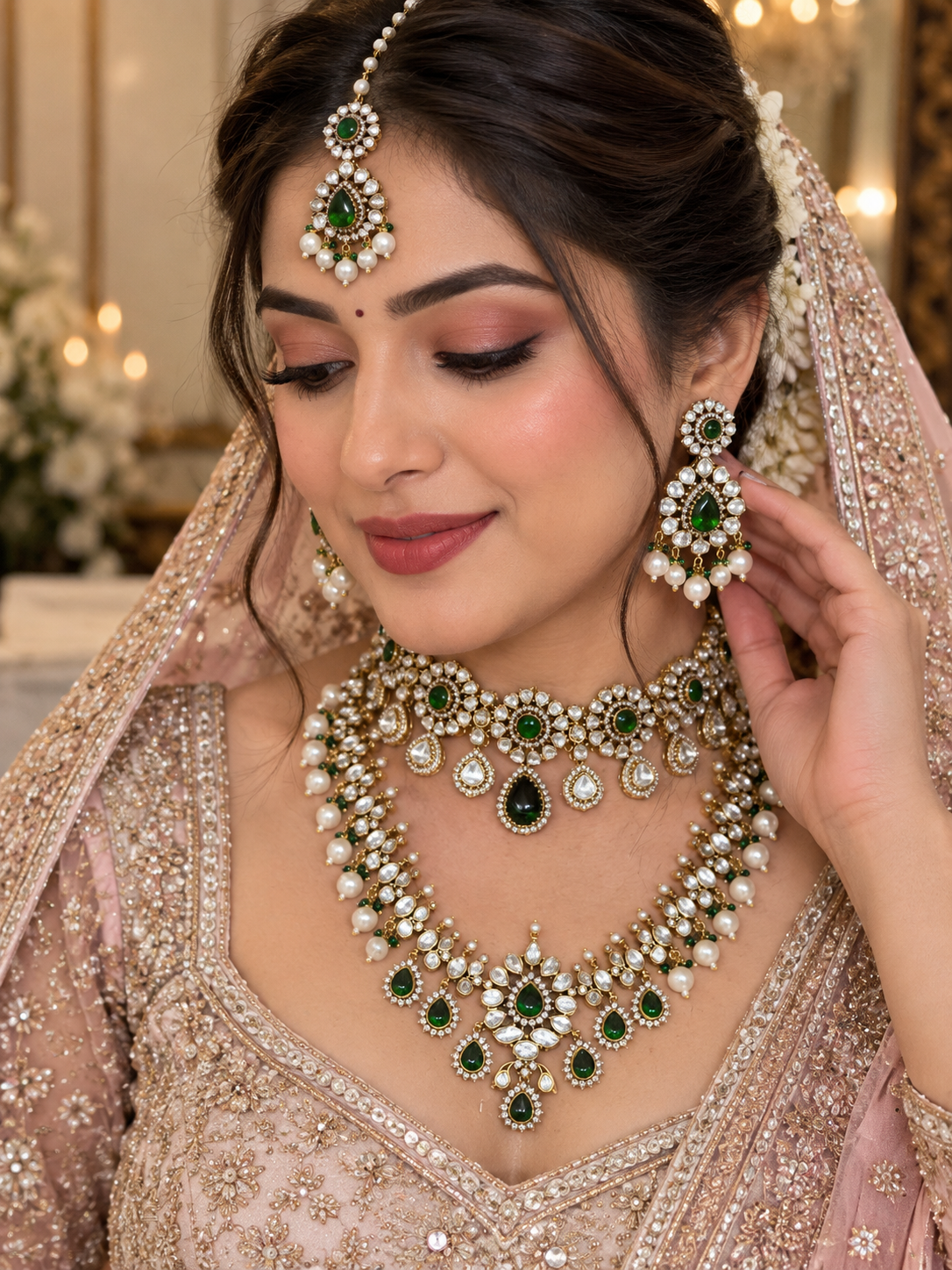 Divine Emerald Kundan Polki Bridal Choker & Haar Set - Kundan Polki Bridal Jewellery by Ganesh Kundan & Polki (view 2)
