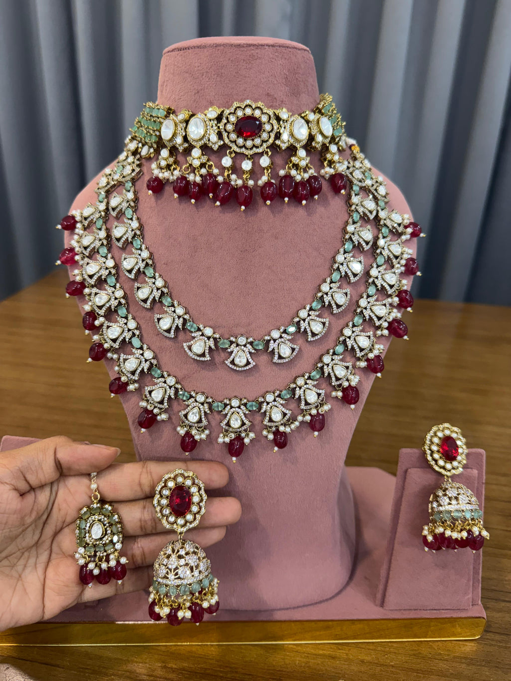 Ruby Green Bridal Kundan Polki Jewellery Set with Choker Long Necklace and Jhumka Earrings