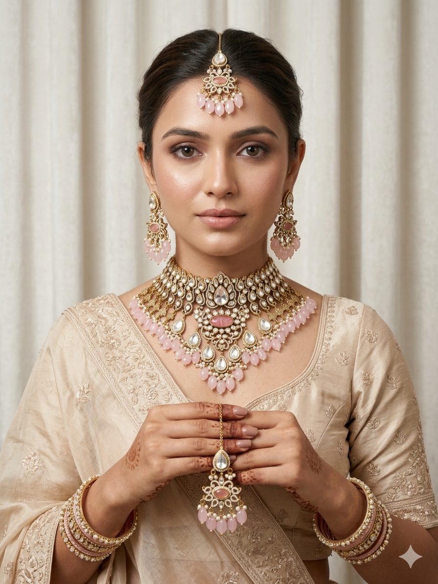 Indian wedding jewellery blush pink kundan set