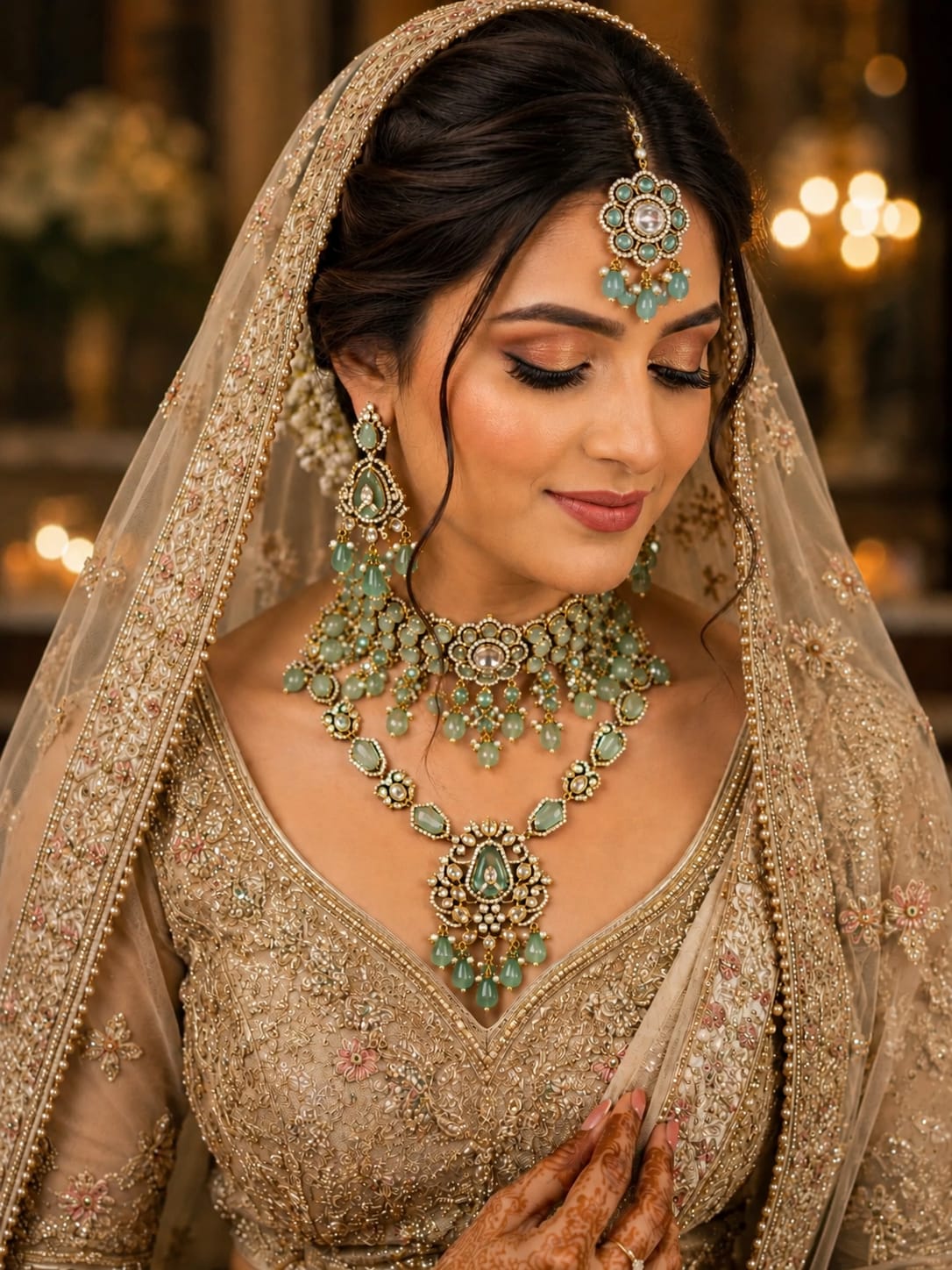 Sea Green Bridal Kundan Polki Jewellery Set