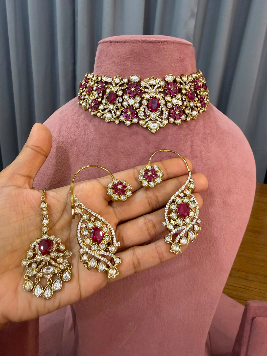 Premium Bridal Kundan Polki Choker Set with Ruby Pink Earrings, Maang Tikka and Ring