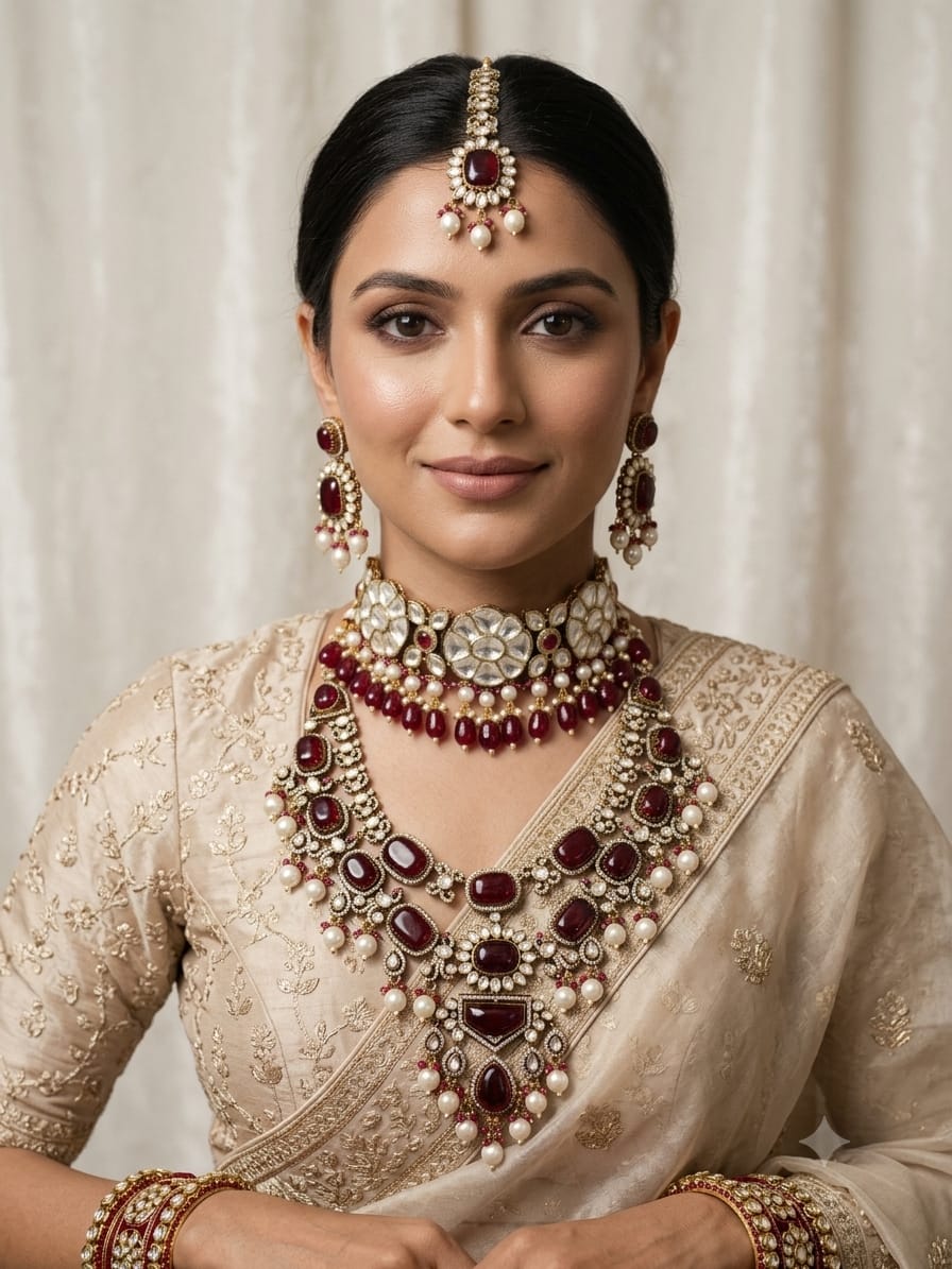 Royal Maroon Kundan Polki Bridal Jewellery Set for Wedding