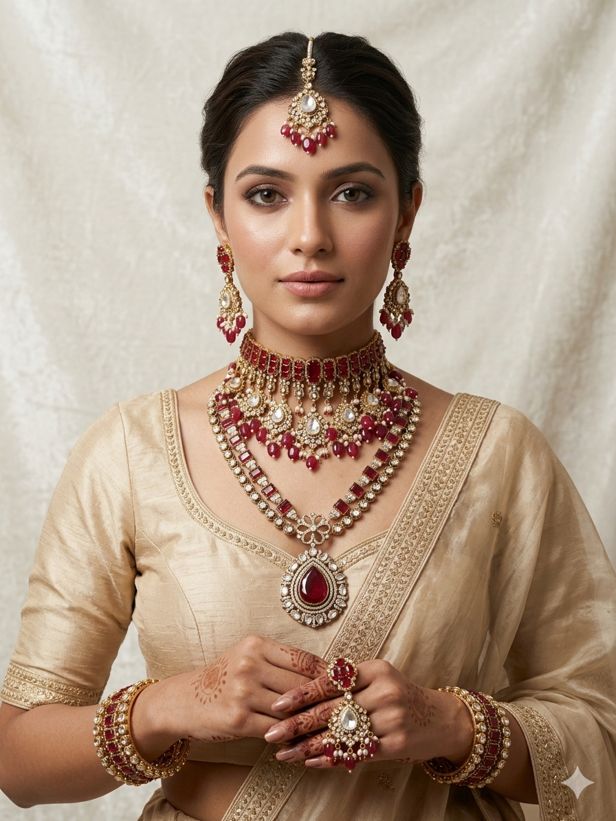 Indian bridal polki kundan choker necklace set with red stones
