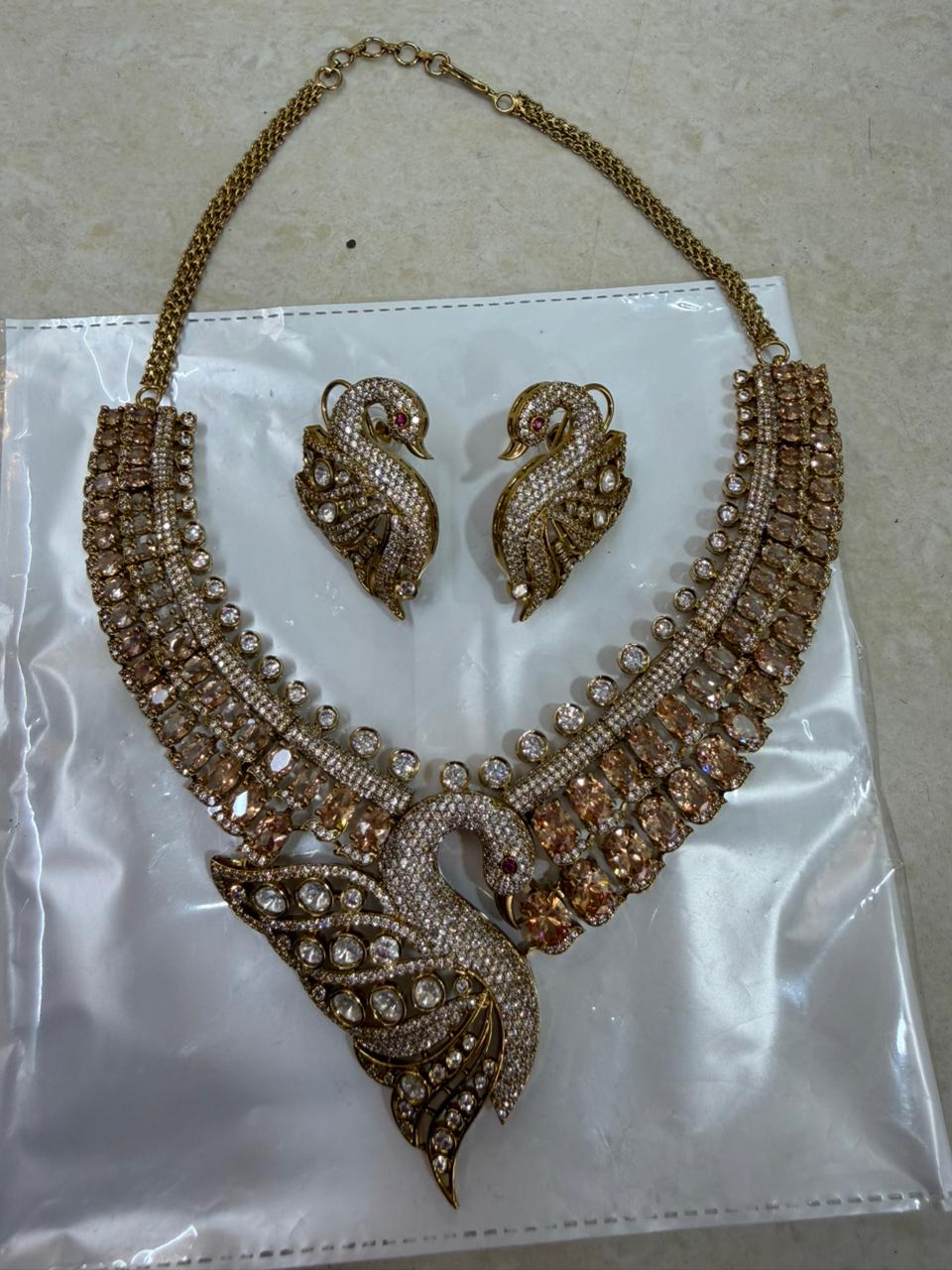 Bridal Kundan Polki Jewellery Set with Choker and Long Necklace Gold Tone