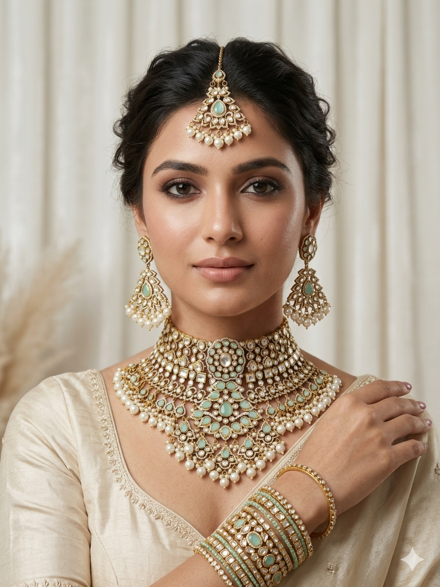 Mint green kundan polki bridal necklace set with earrings India