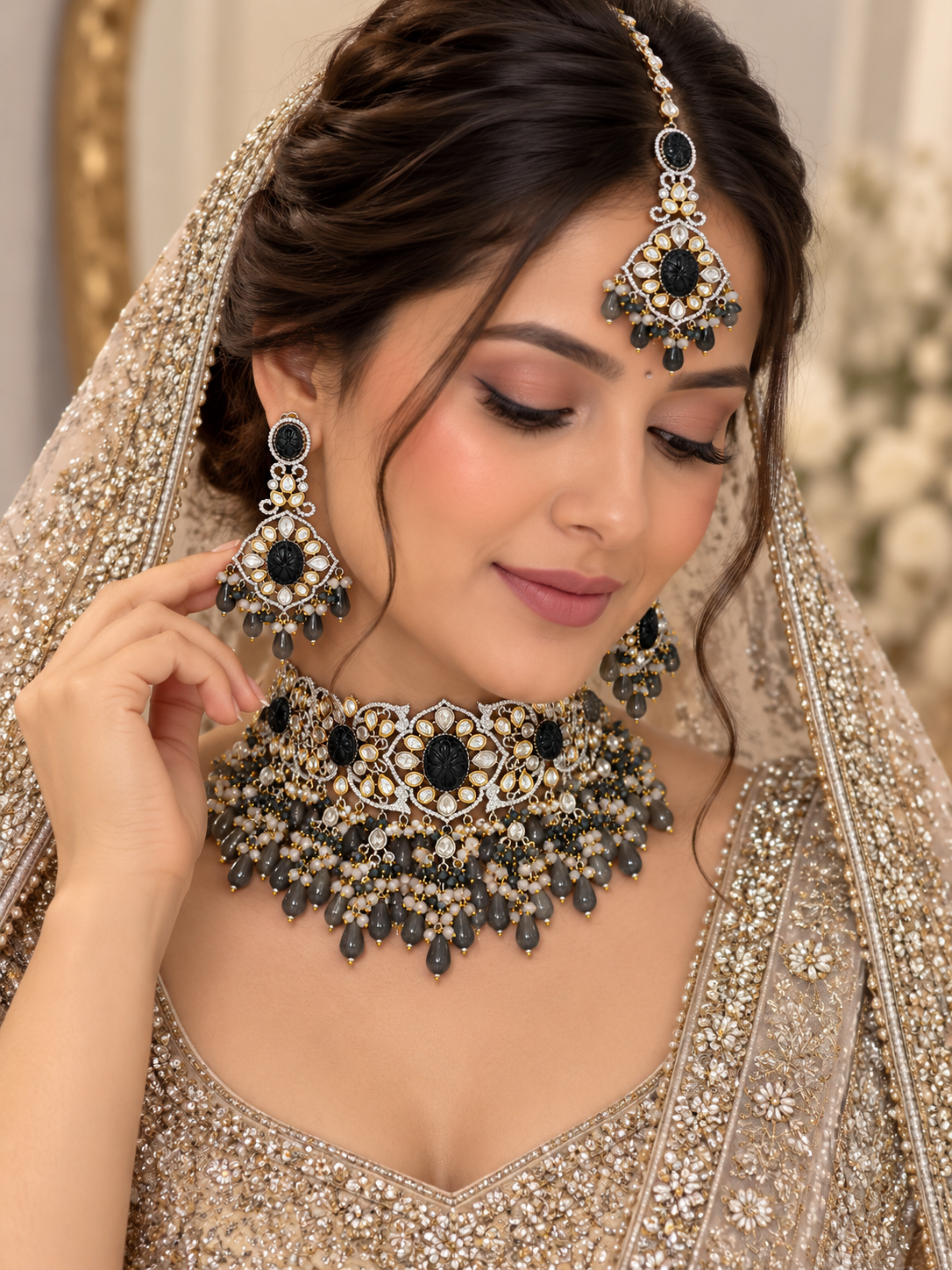 Statement Midnight-Blue Kundan Polki Choker Set - Kundan Polki Bridal Jewellery by Ganesh Kundan & Polki (view 2)