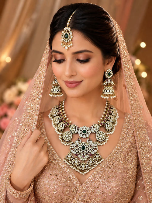 Green and ruby bridal Kundan Polki jewellery set with pearl earrings