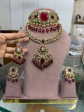 Ruby Red Bridal Kundan Polki Jewellery Set with Choker Necklace and Earrings