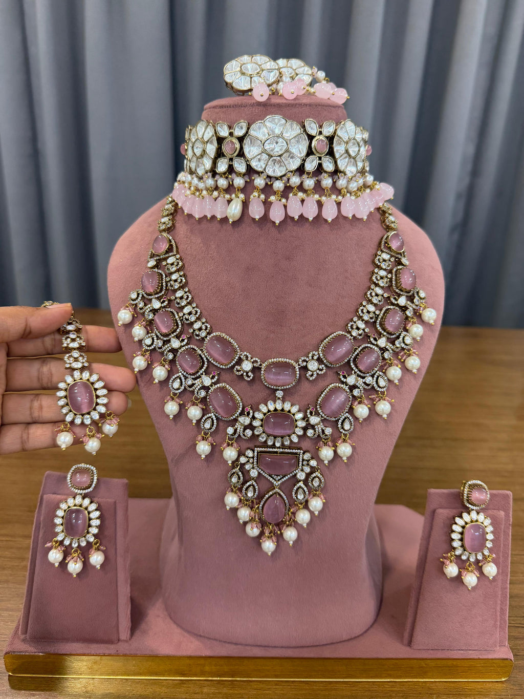 Blush Pink Bridal Kundan and Polki Jewellery Set with Choker Long Necklace Earrings and Maang Tikka
