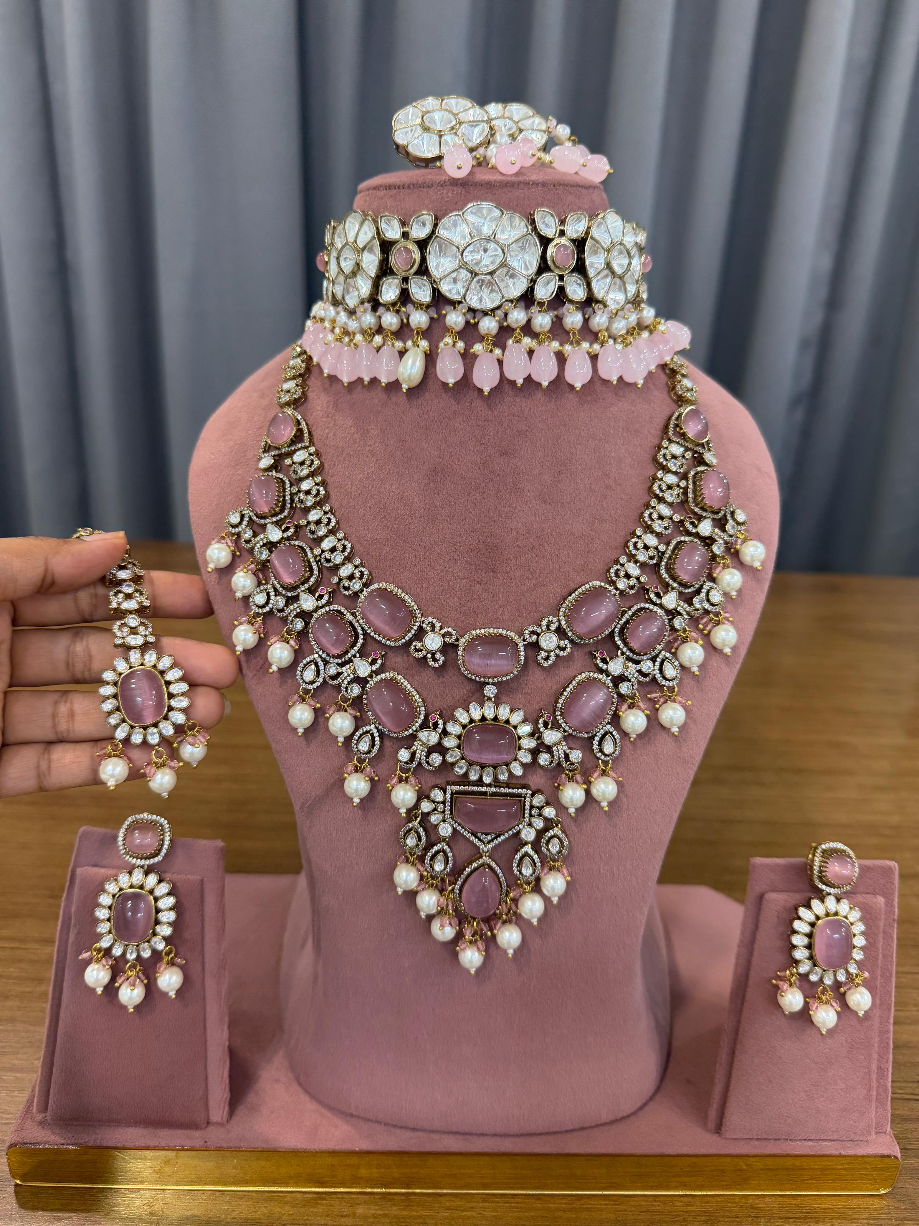 Blush Pink Bridal Kundan and Polki Jewellery Set with Choker Long Necklace Earrings and Maang Tikka