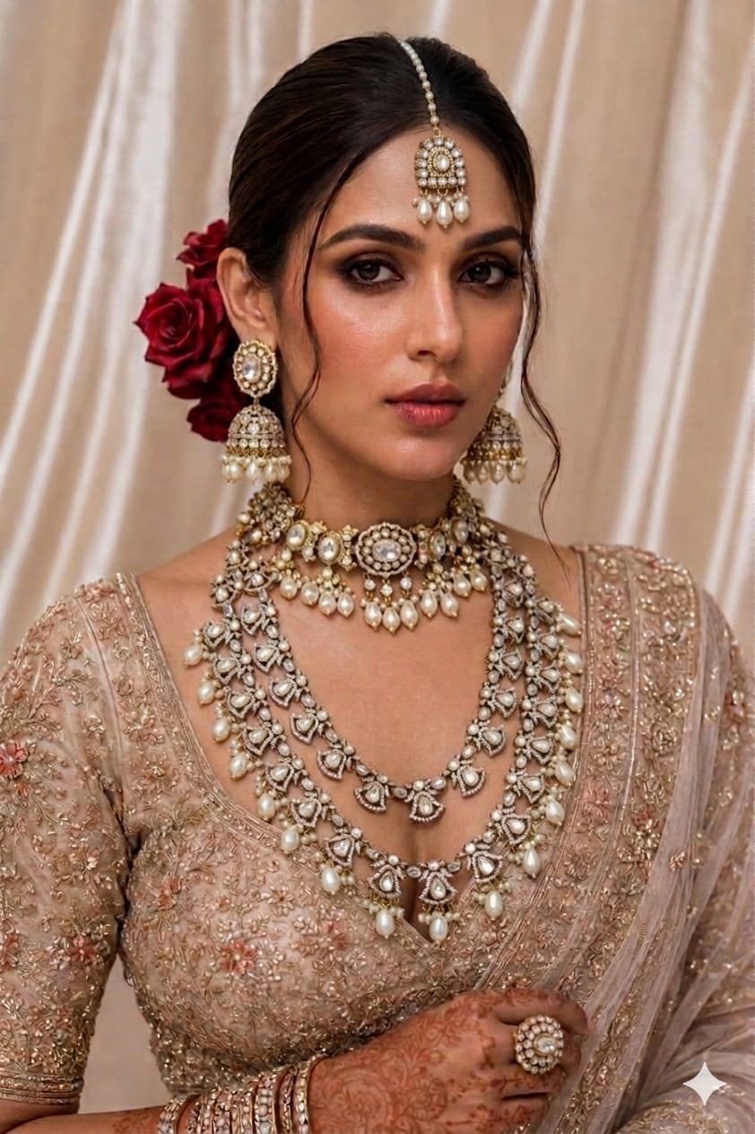 Bridal Kundan Polki Jewellery Set with Choker and Long Necklace