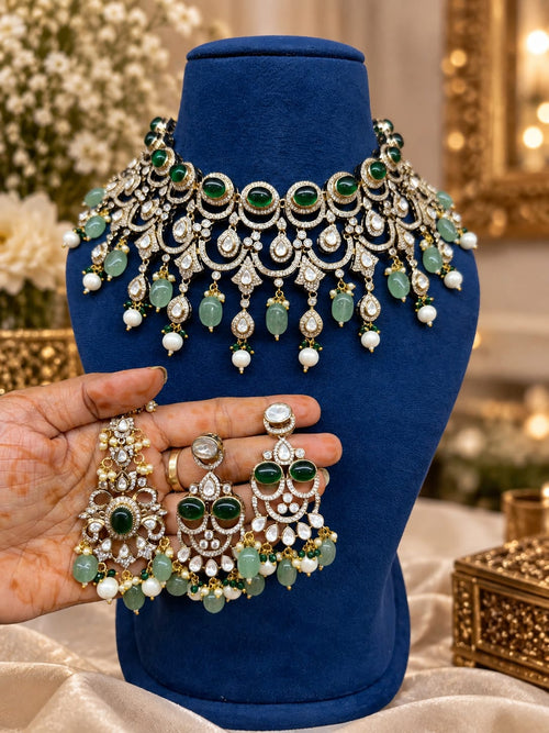 Green Bridal Kundan Polki choker jewellery set with earrings