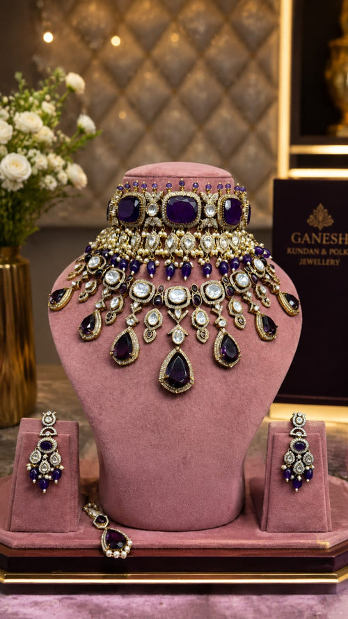 Purple Bridal Kundan and Polki Jewellery Set with Choker, Long Necklace and Earrings
