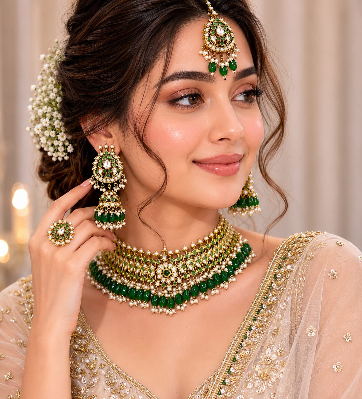 Traditional bridal kundan choker necklace with green beads