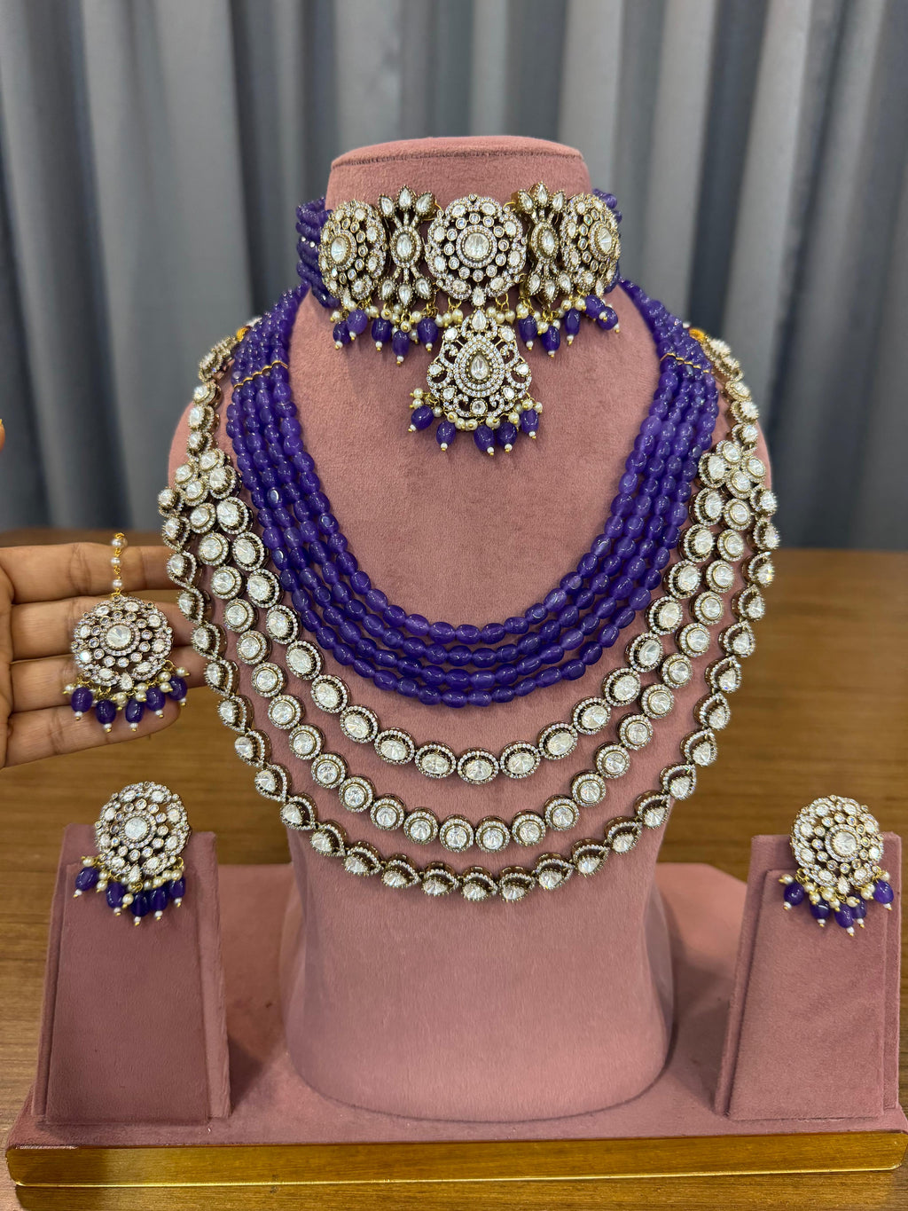 Premium Royal Purple Bridal Kundan & Polki Jewellery Set with Multi-Layer Beaded Haram, Choker and Stud Earrings