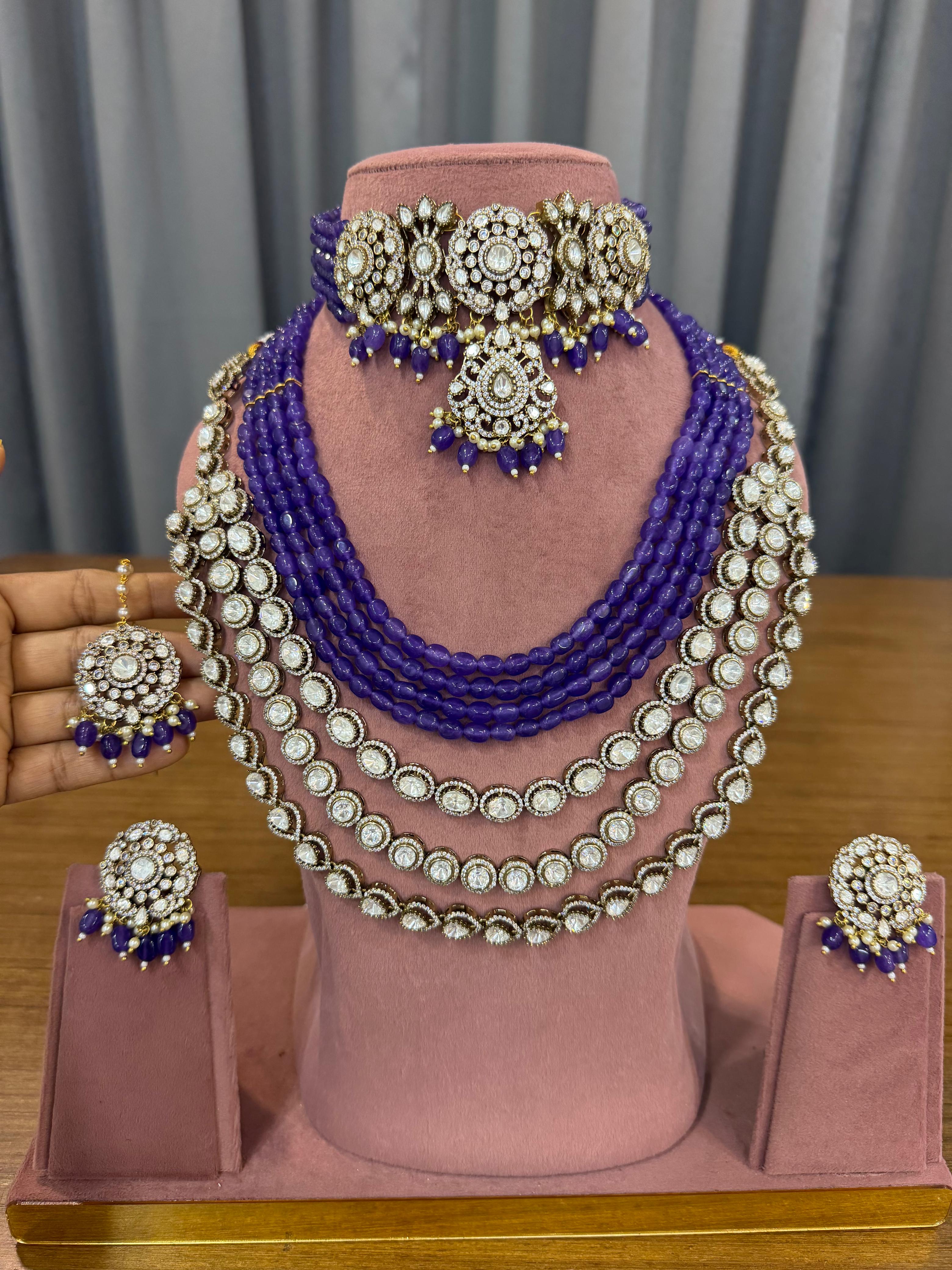 Premium Royal Purple Bridal Kundan & Polki Jewellery Set with Multi-Layer Beaded Haram, Choker and Stud Earrings