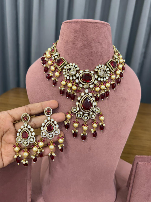 Ruby red kundan polki bridal necklace set with earrings