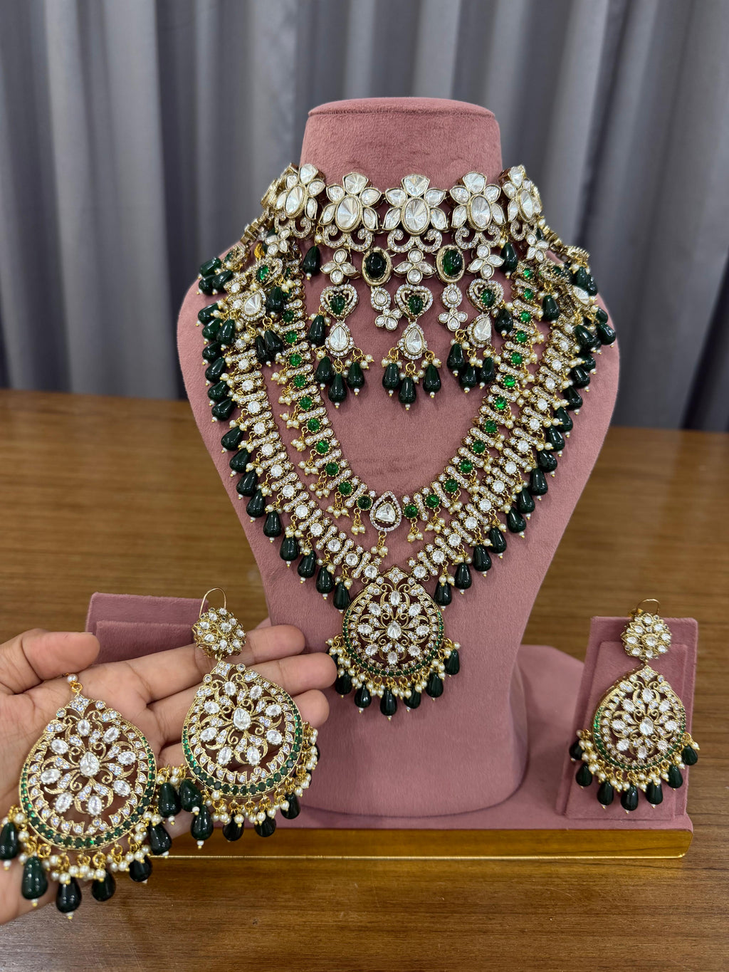 Bridal green kundan polki jewellery set with choker long necklace and earrings