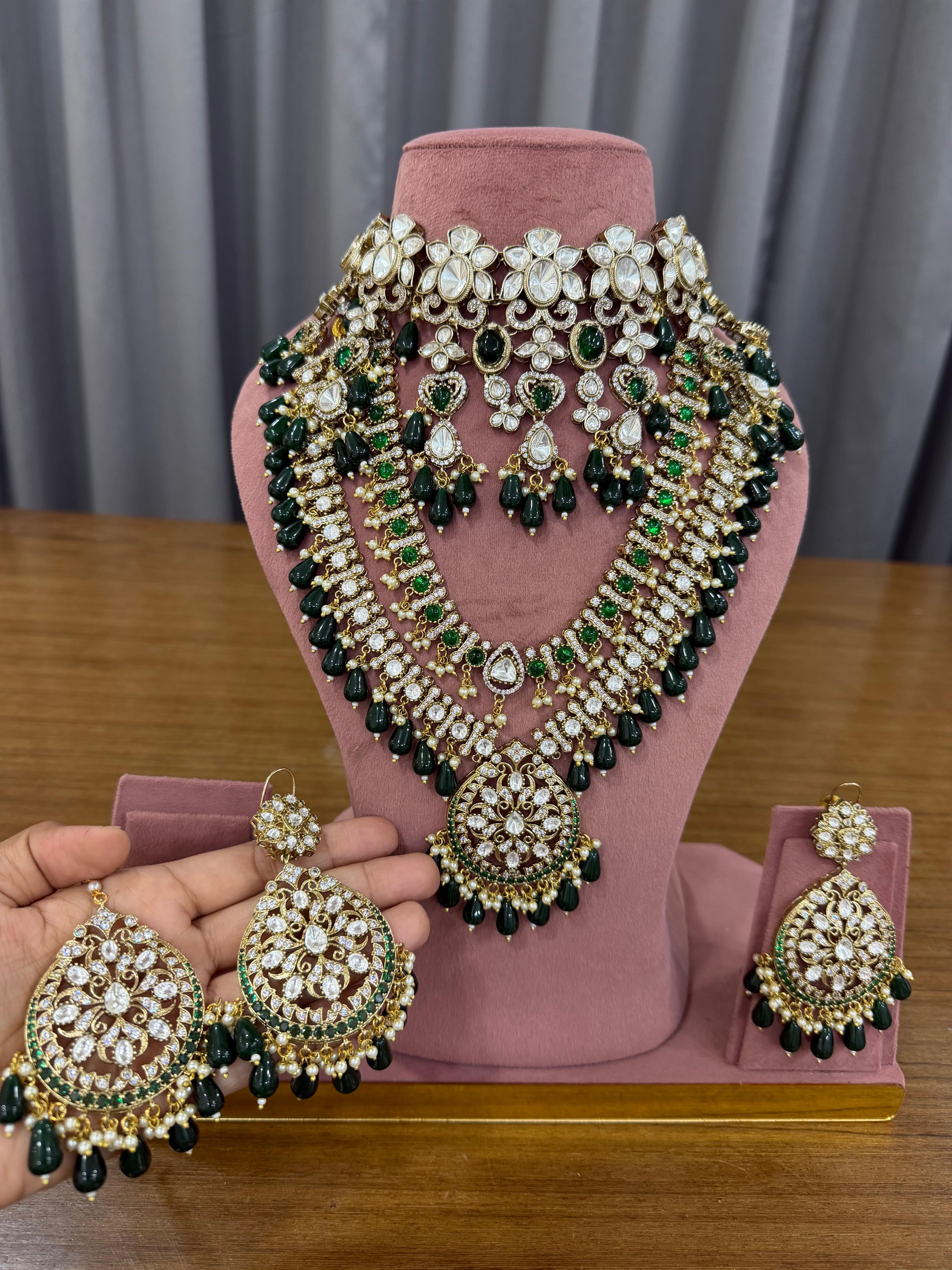 Bridal green kundan polki jewellery set with choker long necklace and earrings