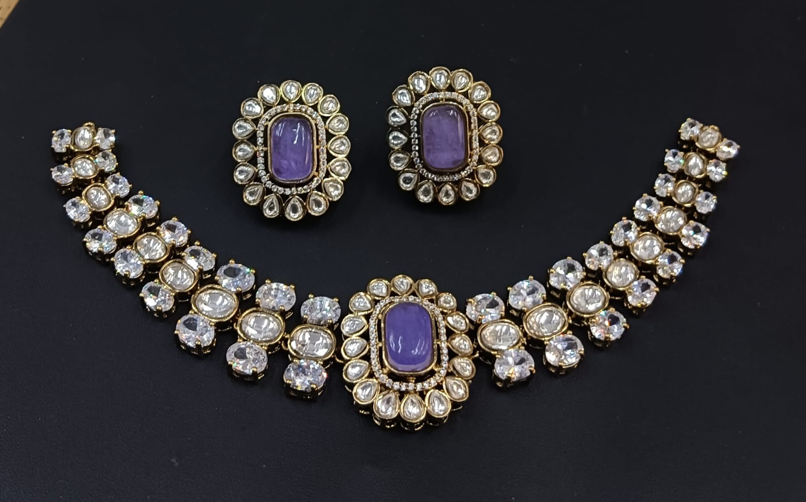 Lavender polki choker bridal jewellery set with matching earrings by Ganesh Kundan Jewellery
