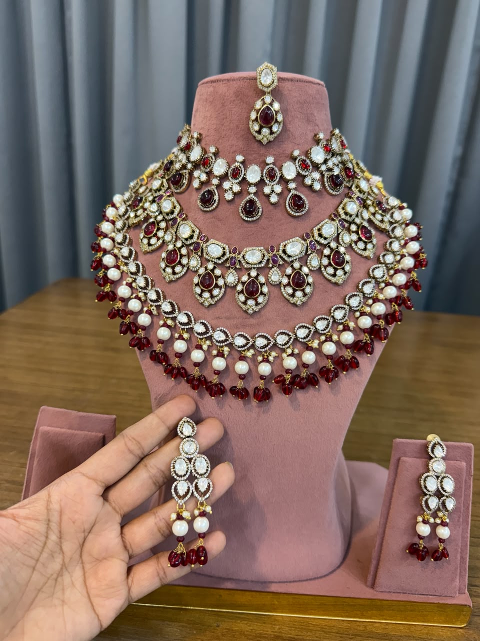 Ruby Red Bridal Kundan Polki Jewellery Set with Choker and Long Necklace