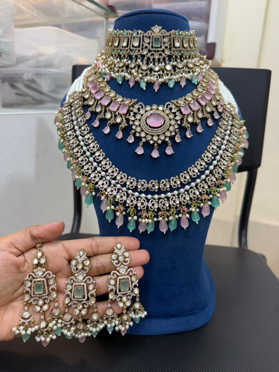 Pastel Bridal Kundan & Polki Jewellery Set with Choker, Long Haar and Earrings