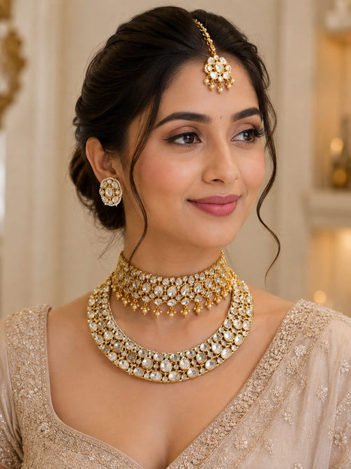 Gold Kundan bridal choker and long necklace jewellery set with earrings
