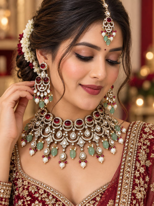 Maroon green Bridal Kundan Polki jewellery set with earrings