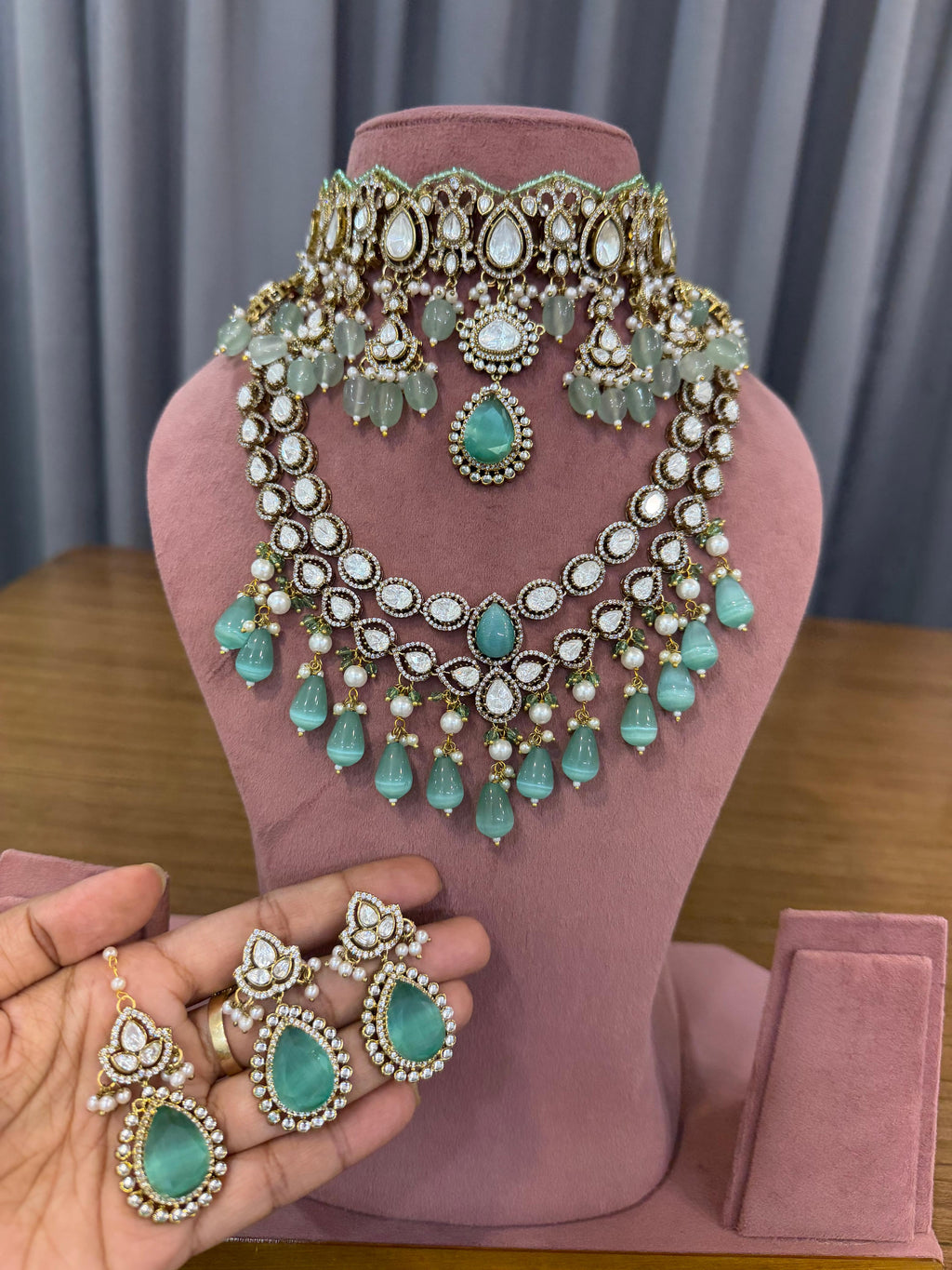 Mint Green Bridal Kundan Polki Jewellery Set with Choker Long Necklace and Earrings