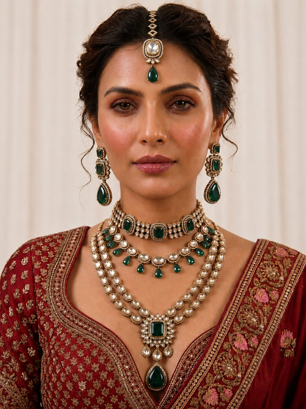 Close-up shot of the bridal kundan choker necklace with green emerald drops