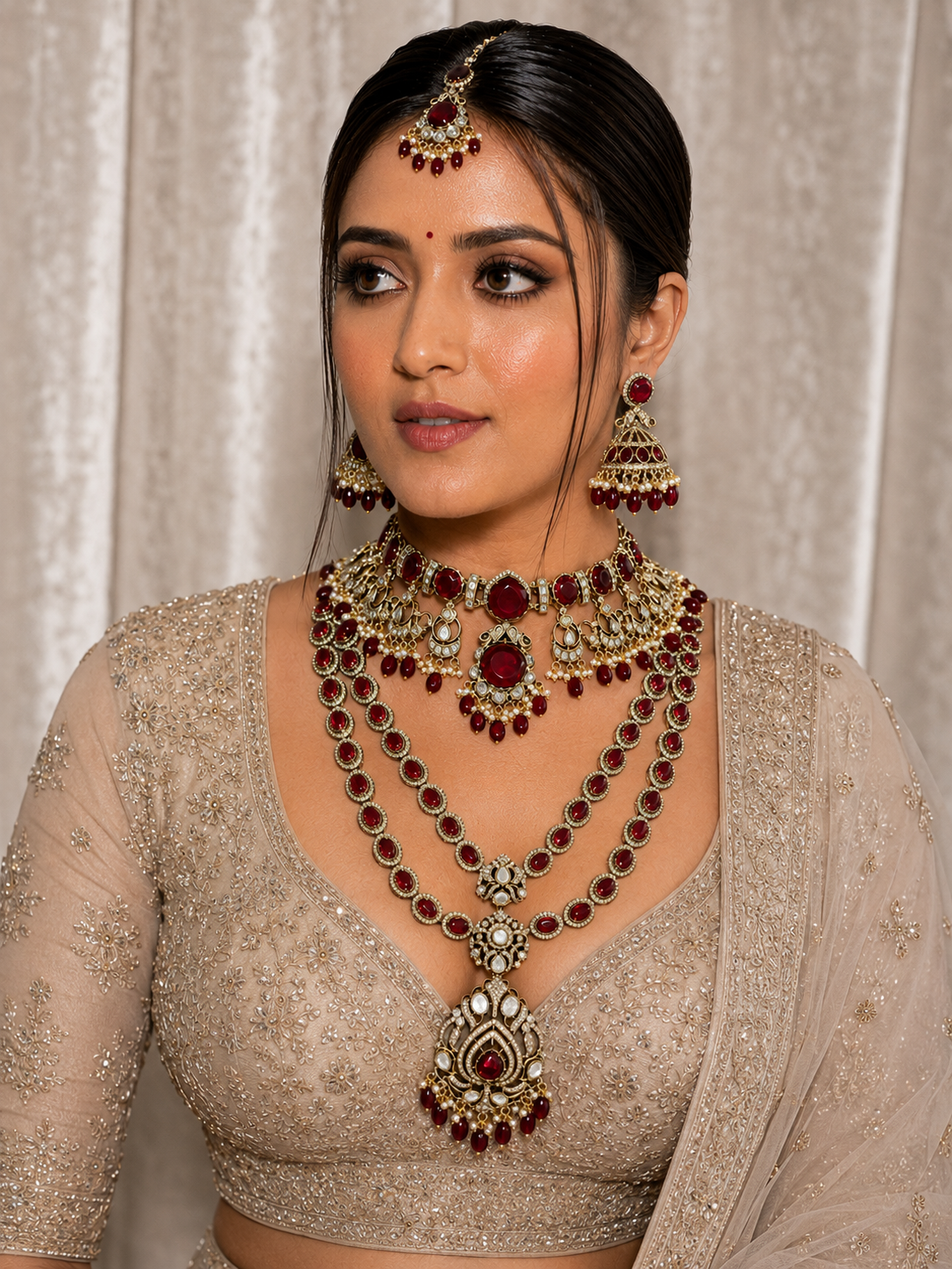 Ruby red polki bridal jewellery set for Indian wedding