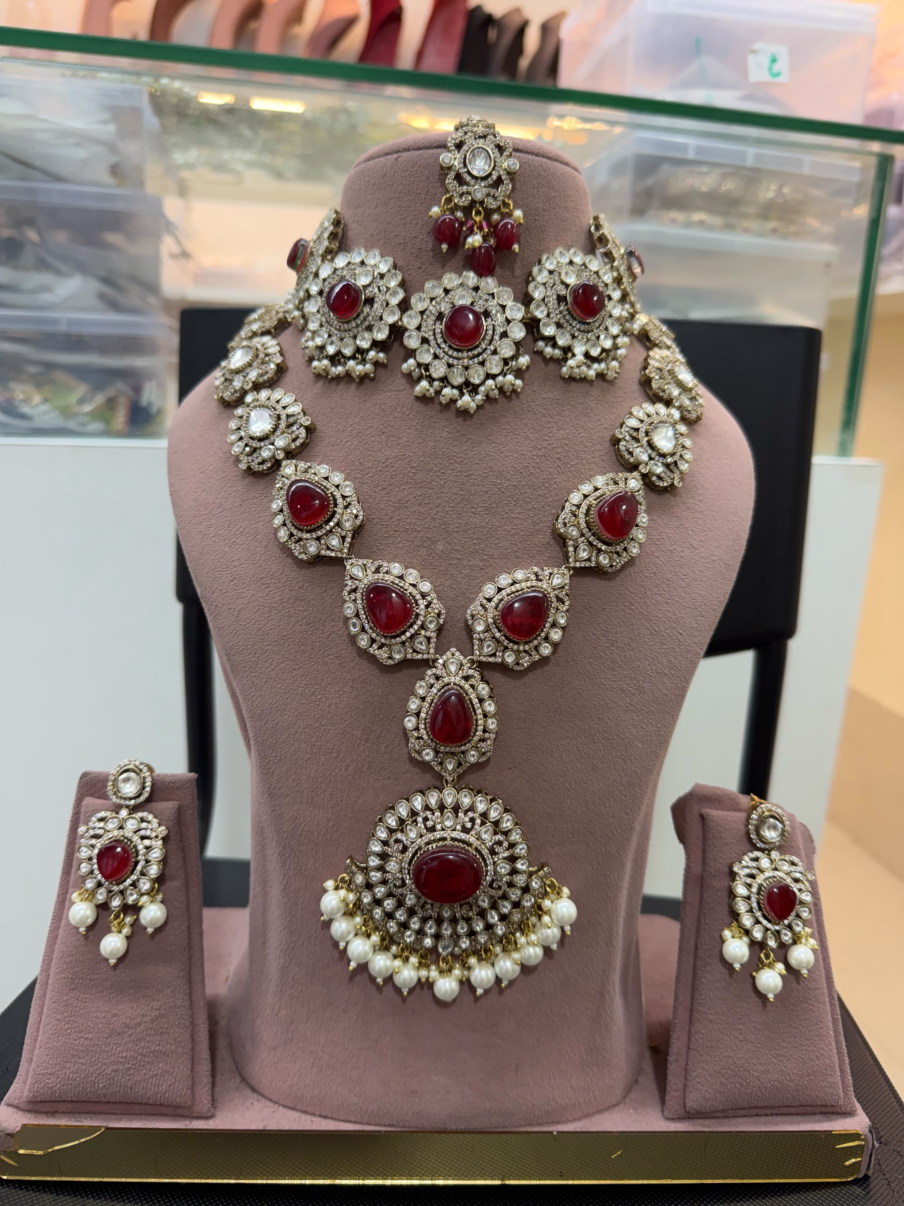 Ruby Red Bridal Kundan Polki Jewellery Set With Long Necklace, Earrings And Maang Tikka