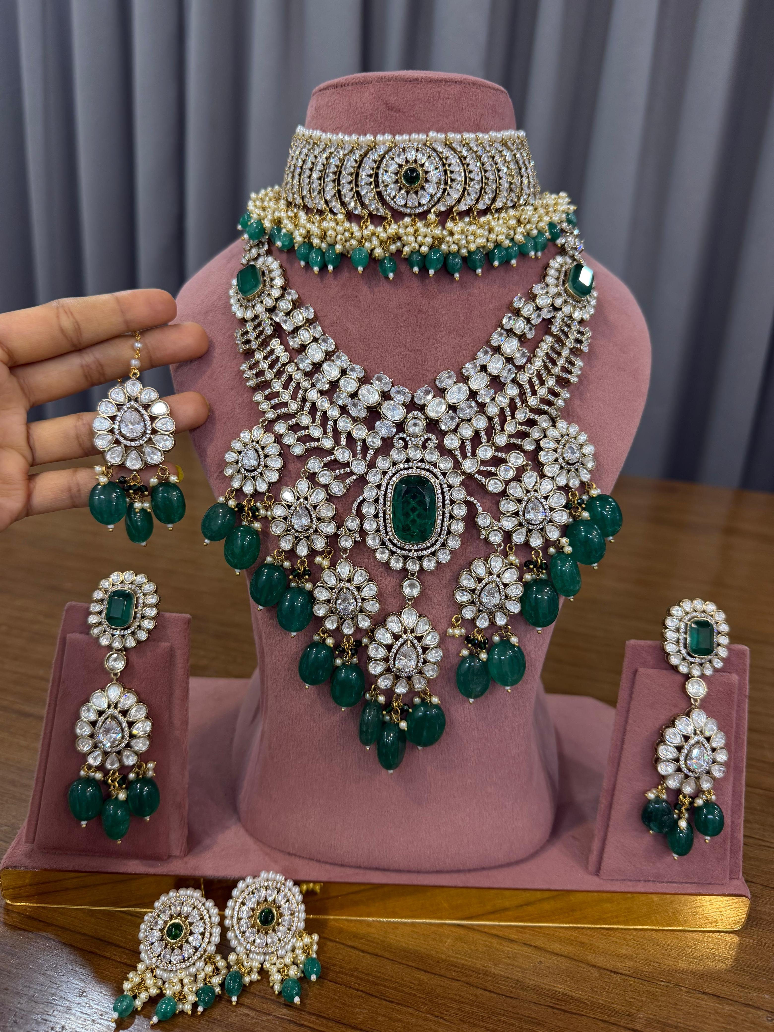 Emerald Green Bridal Kundan and Polki Jewellery Set with Choker and Long Necklace
