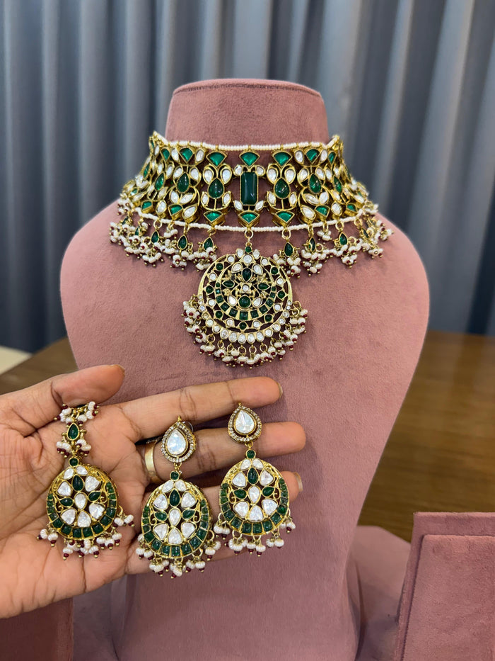 Statement Emerald-White Kundan Polki Choker & Haar Set