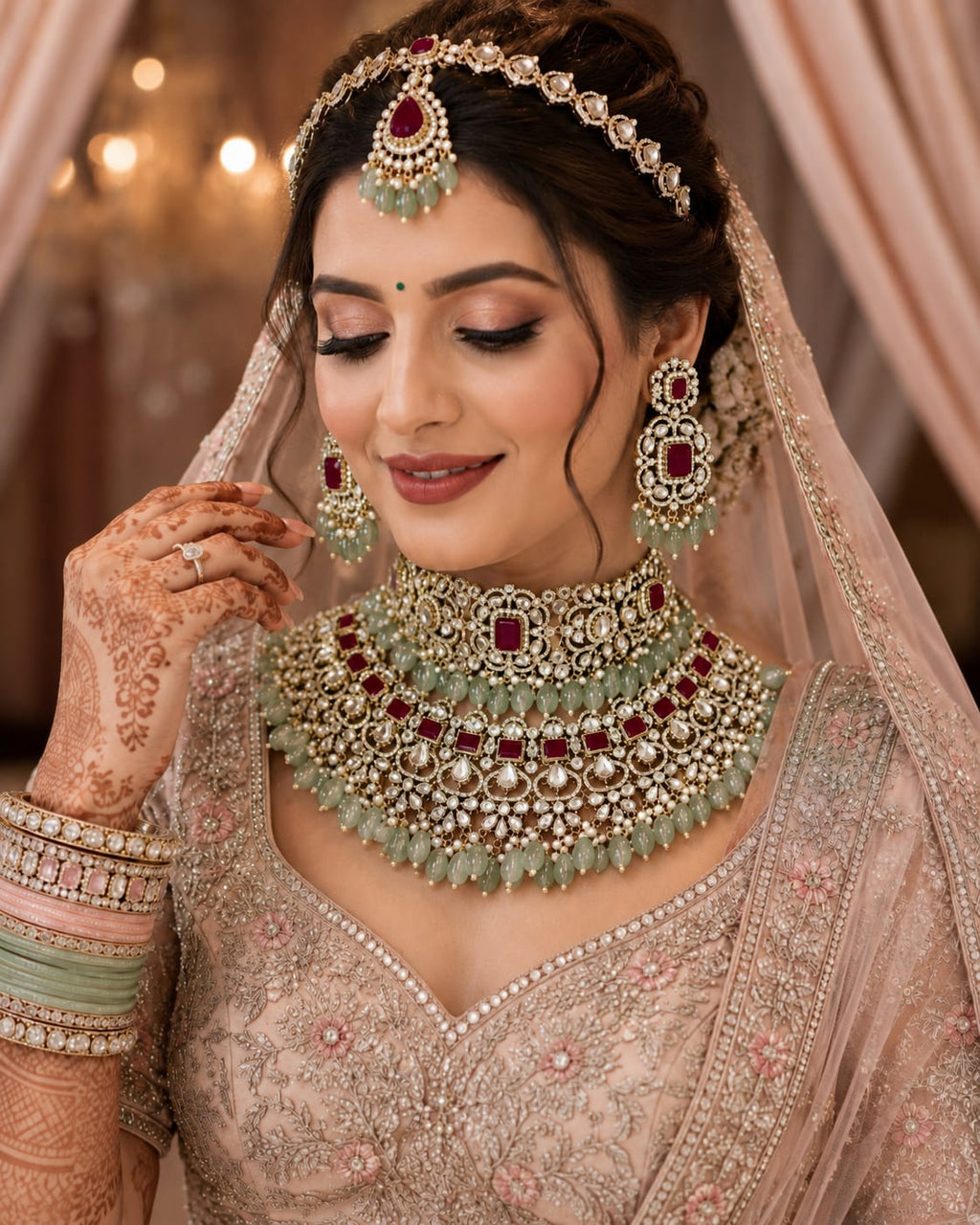 Mint Green Bead Polki Bridal Jewellery Set