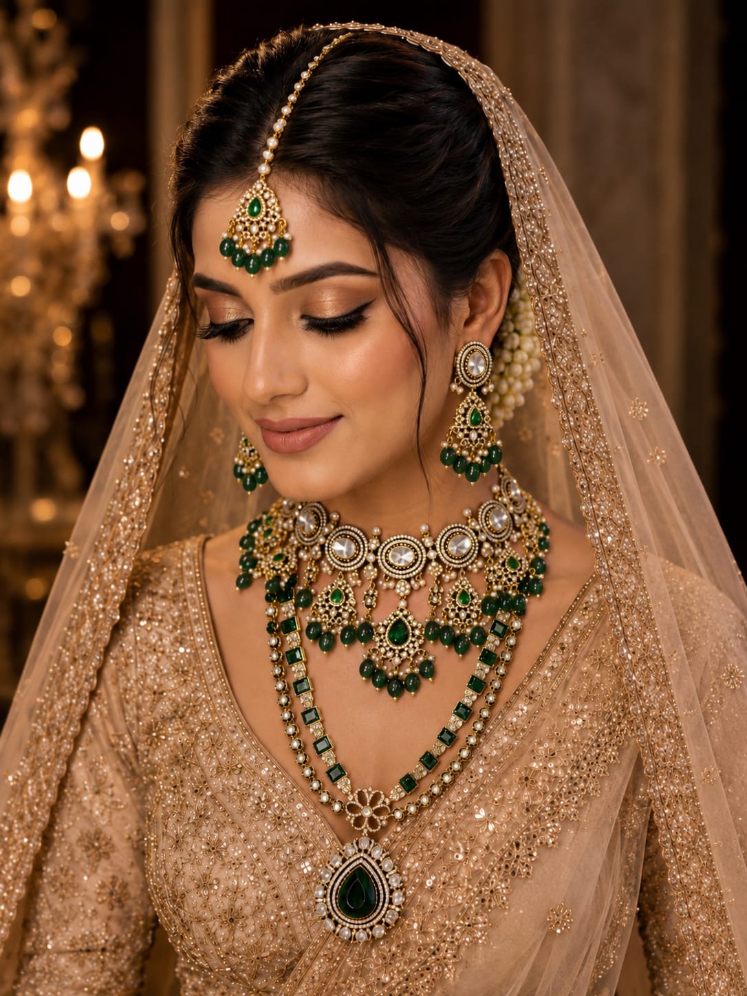 Emerald Green Bridal Kundan Long Necklace Set