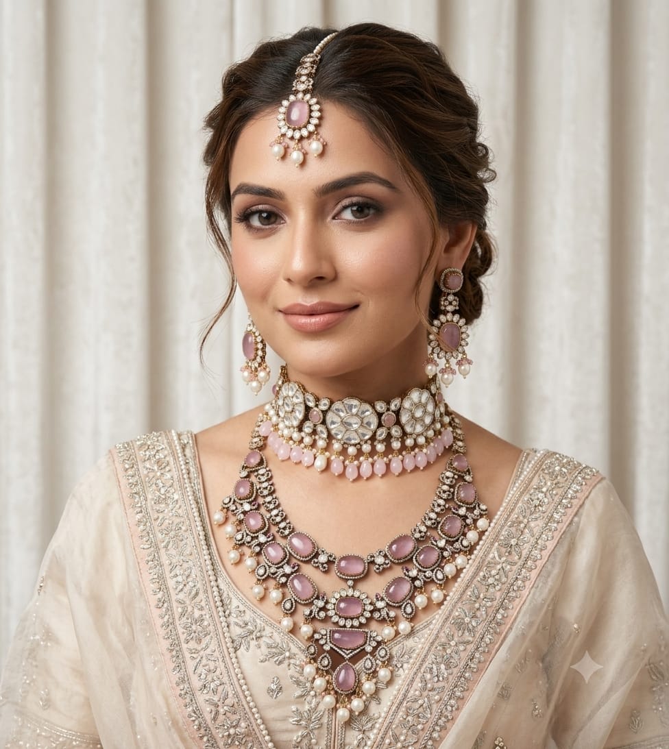 Pink Kundan Polki Bridal Jewellery Set for Wedding Bride