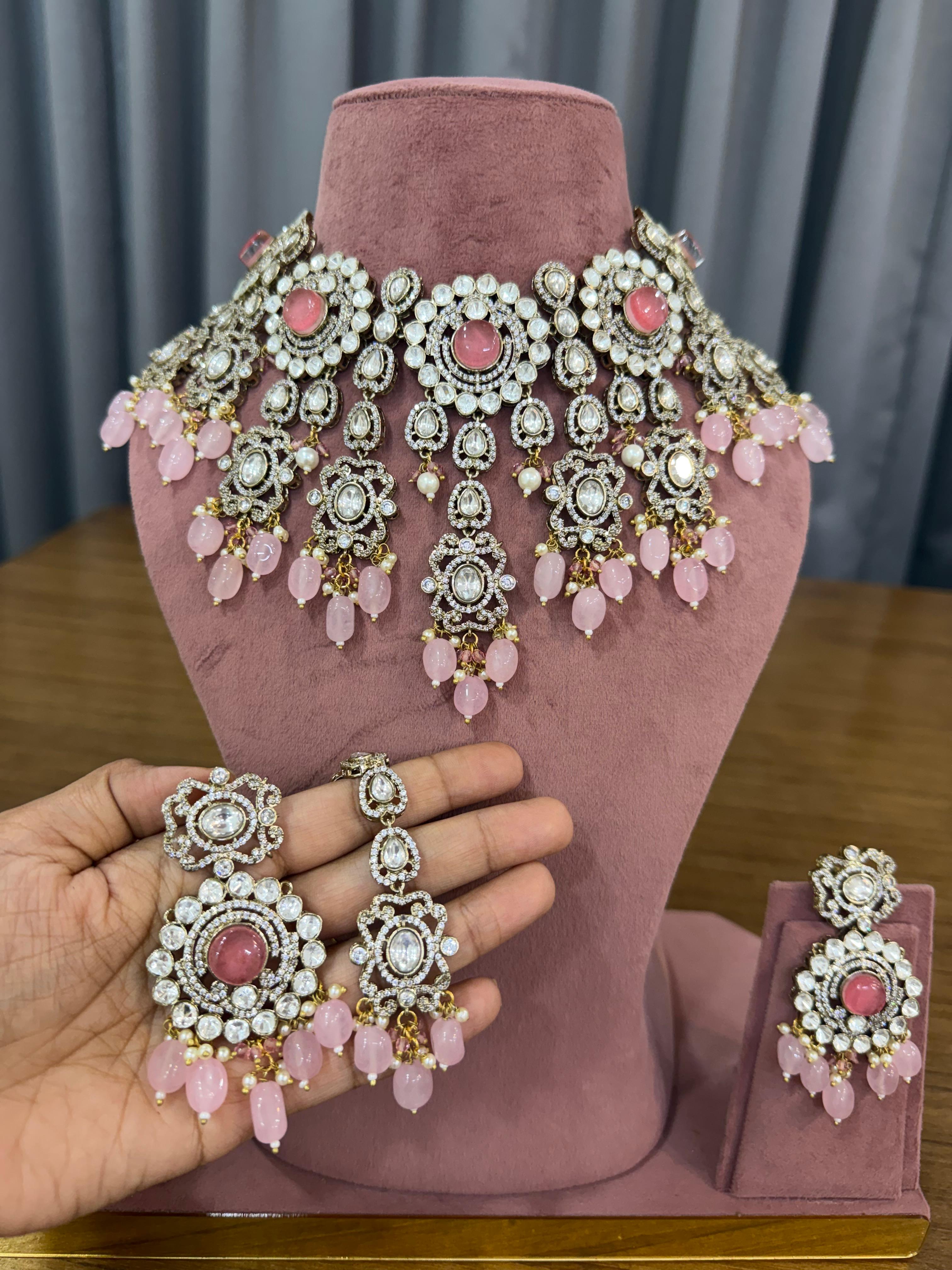 Pink Bridal Kundan & Polki Choker Jewellery Set with Earrings.