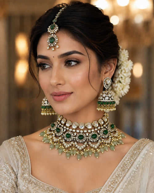 Dark green Kundan bridal choker set with Jhumka earrings