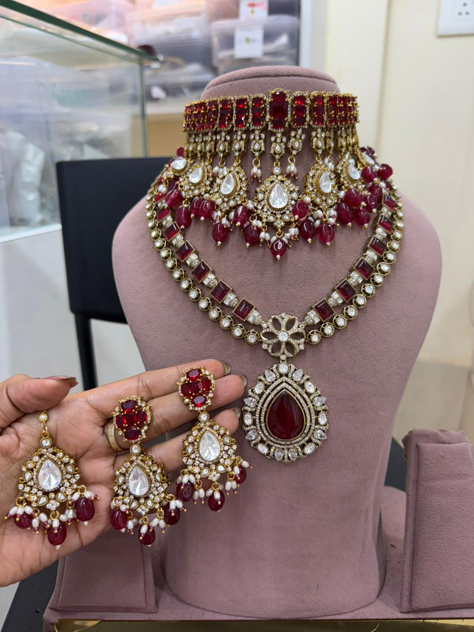 Bridal kundan jewellery set with red stones choker long necklace earrings