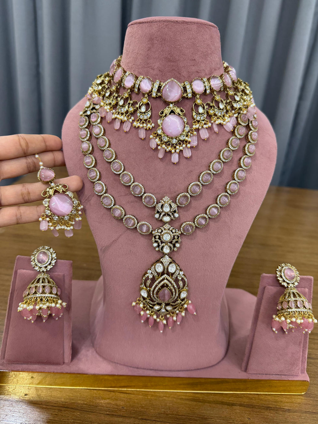 Luxury pink polki bridal jewellery set for Indian wedding