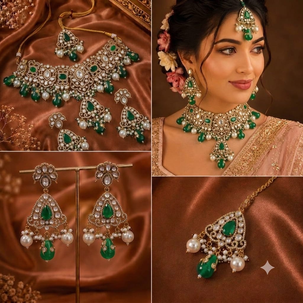 Royal Bridal Choker Necklace with Green Beads
