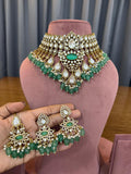 Bridal Kundan Polki jewellery set with green stones choker earrings maang tikka
